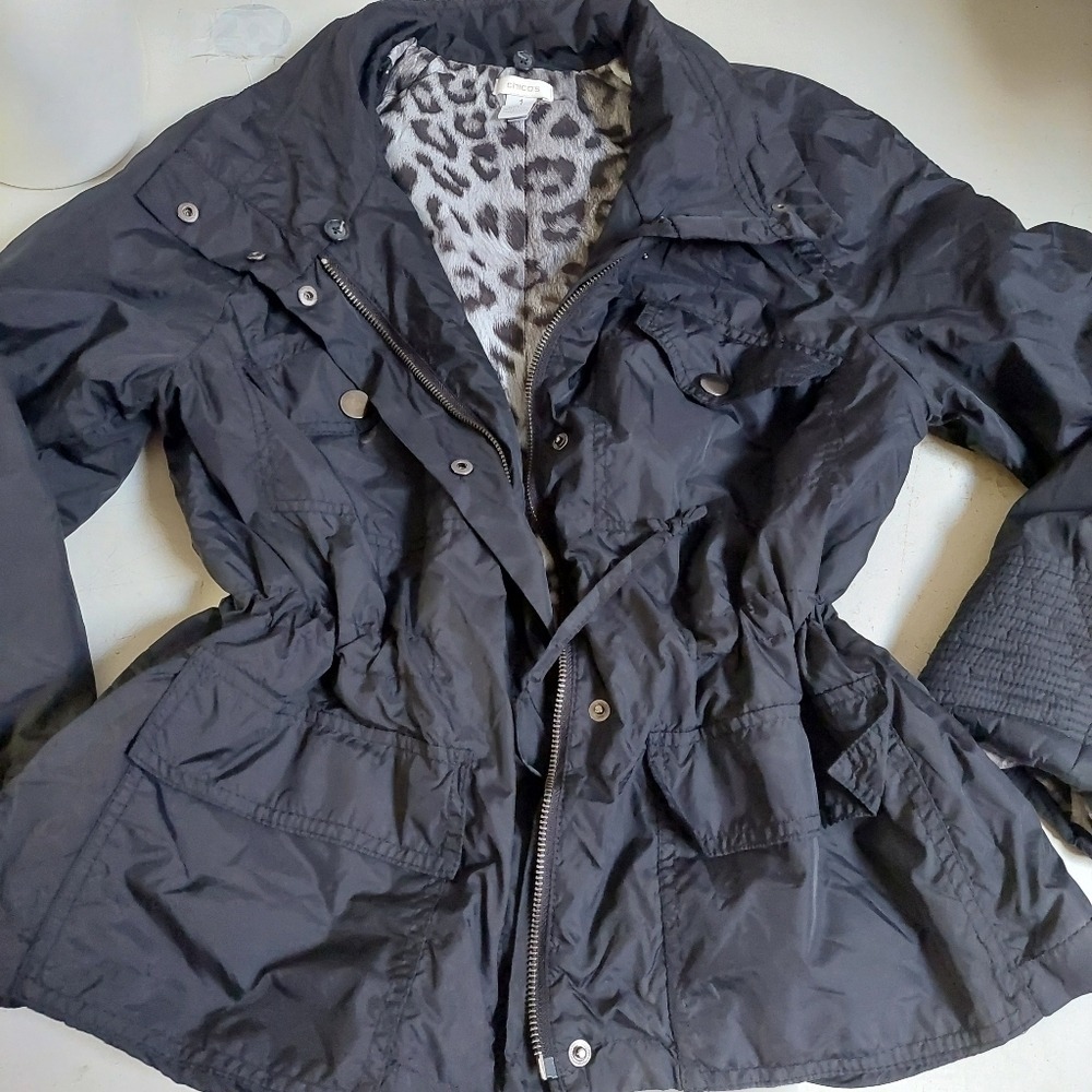Chicos Black Utility Jacket Leopard Faux Fur Lined‎ Drawstring Waist Size 1/M